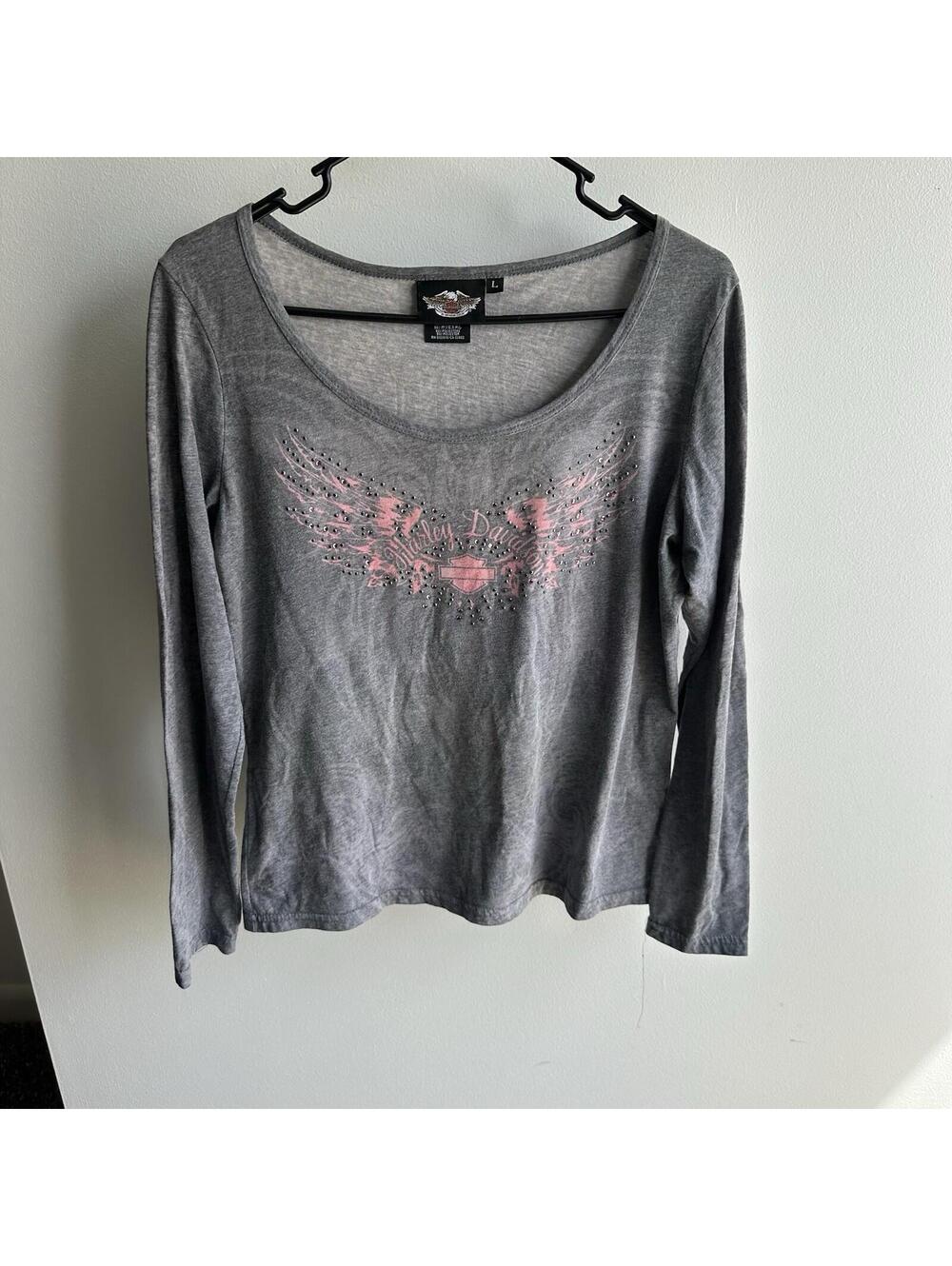 Harley Davidson L Women's Round Neck Grey Long Sleeved T Shirt